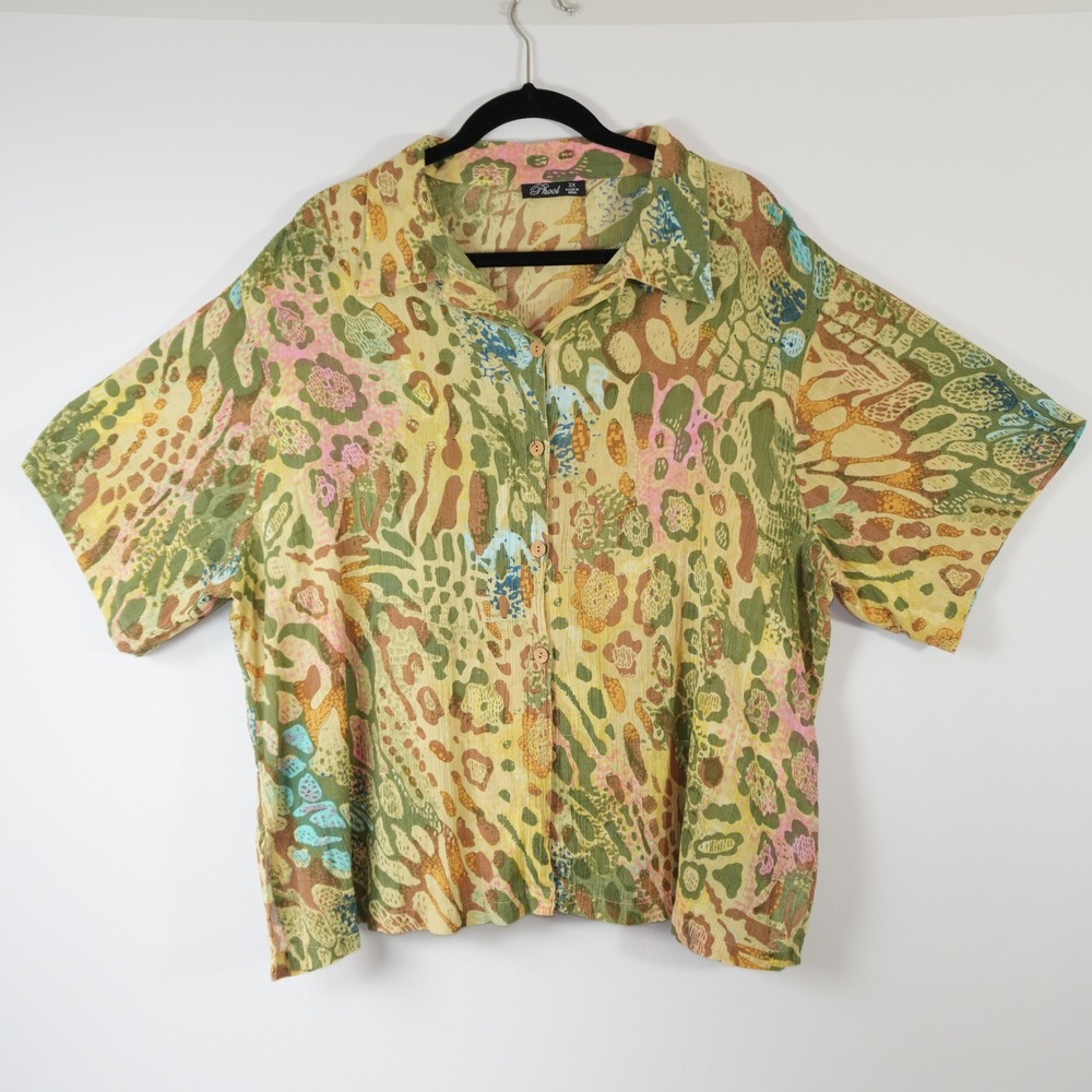 Phool India 100% Cotton Abstract Floral Button Front Shirt Boho Top 2X XXL